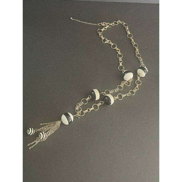 MCM VINTAGE ART DECO BLACK WHITE STRIPED BEAD RETRO TASSEL NECKLACE 36” - Picture 2 of 9